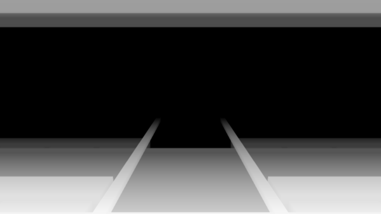 A grey depth map of a hall: bright near surfaces fading to dark in the distance