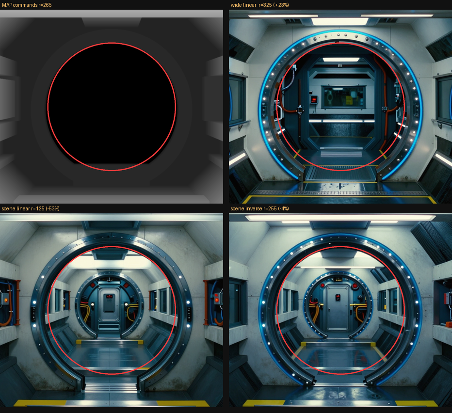 Four panels of the same corridor doorway, each with a red circle drawn over it at the size the plan asked for. The labels give the radius actually measured against that target: 265 pixels in the plan, then 325, 125 and 255 for three different methods.