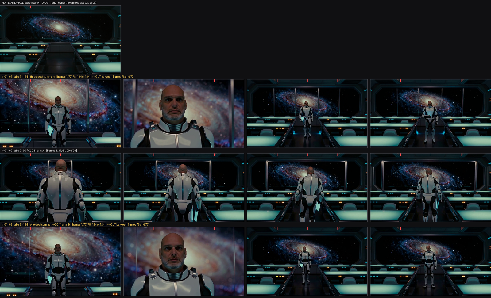 Contact sheet of takes for shot one, the aisle wide