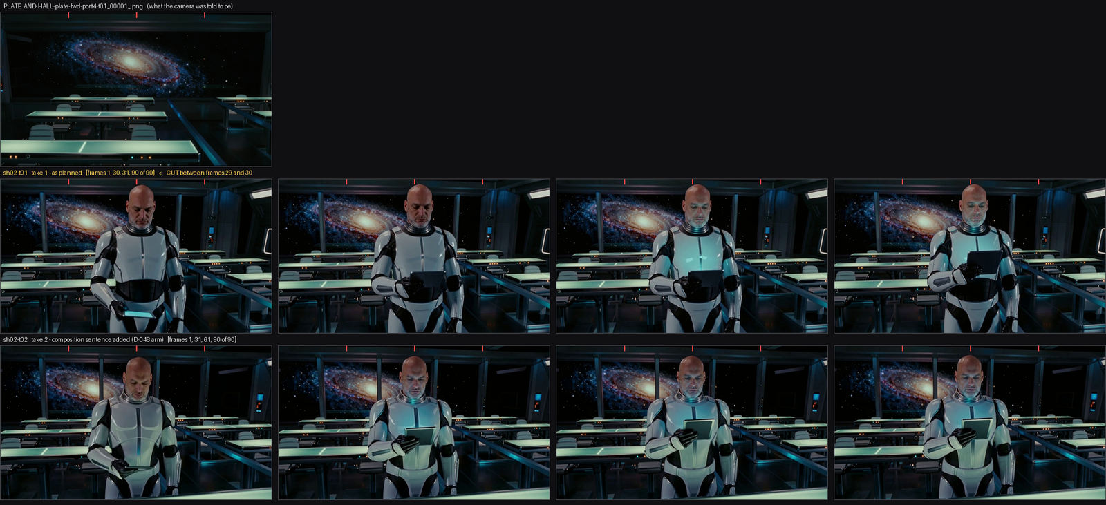 Contact sheet of takes for shot two, the dolly to port