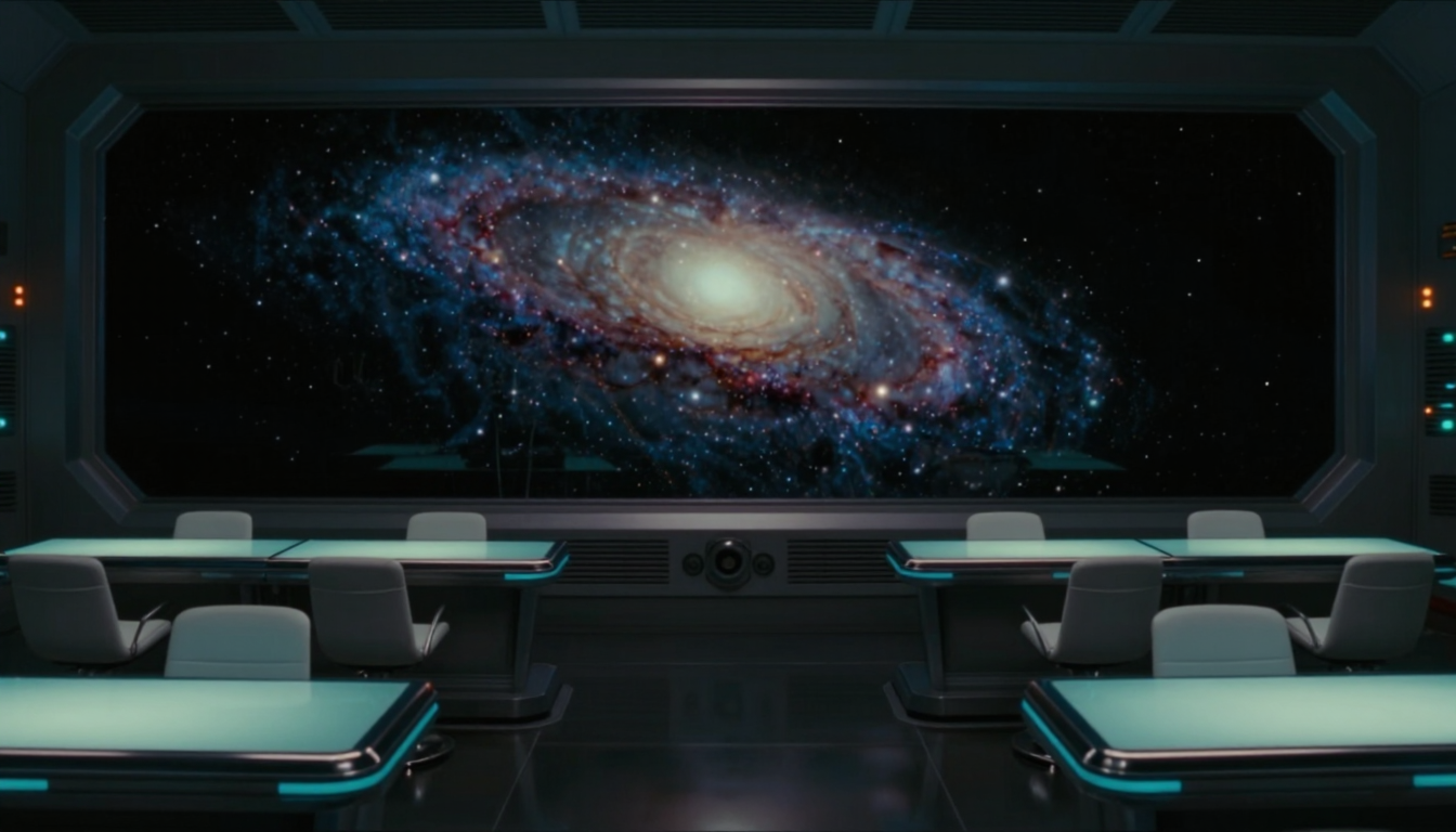 A dim operations hall with a wide window filled by a spiral galaxy, pale-green desks and empty chairs turned towards it.