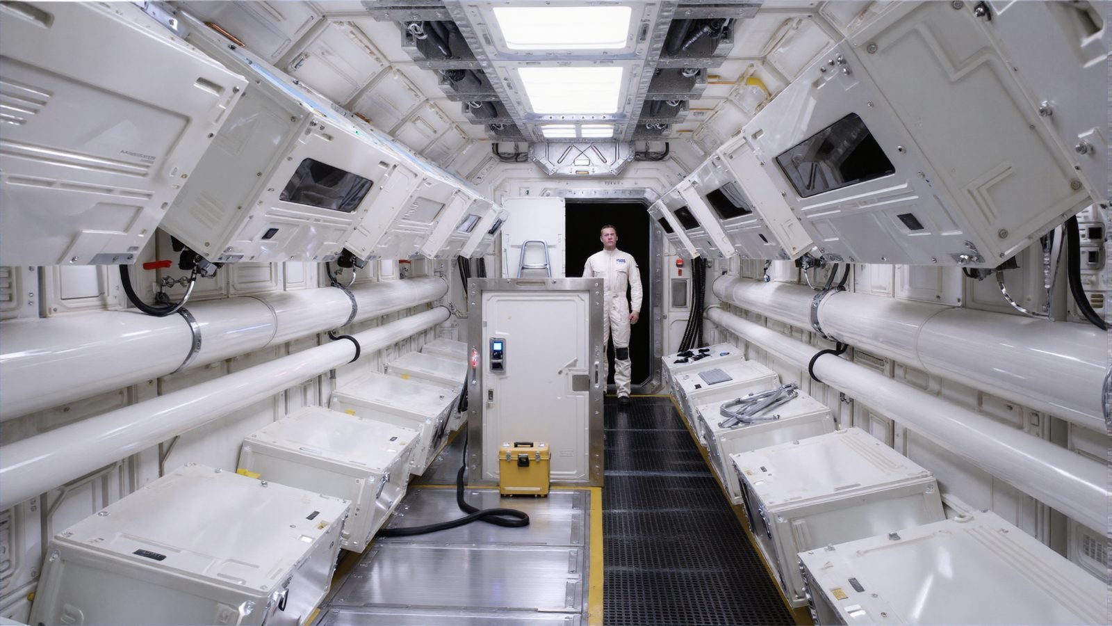 A machine corridor. Where a person-shaped column was drawn, a white equipment cabinet has rendered instead, with a yellow case on the deck beside it. A man stands in the far doorway.