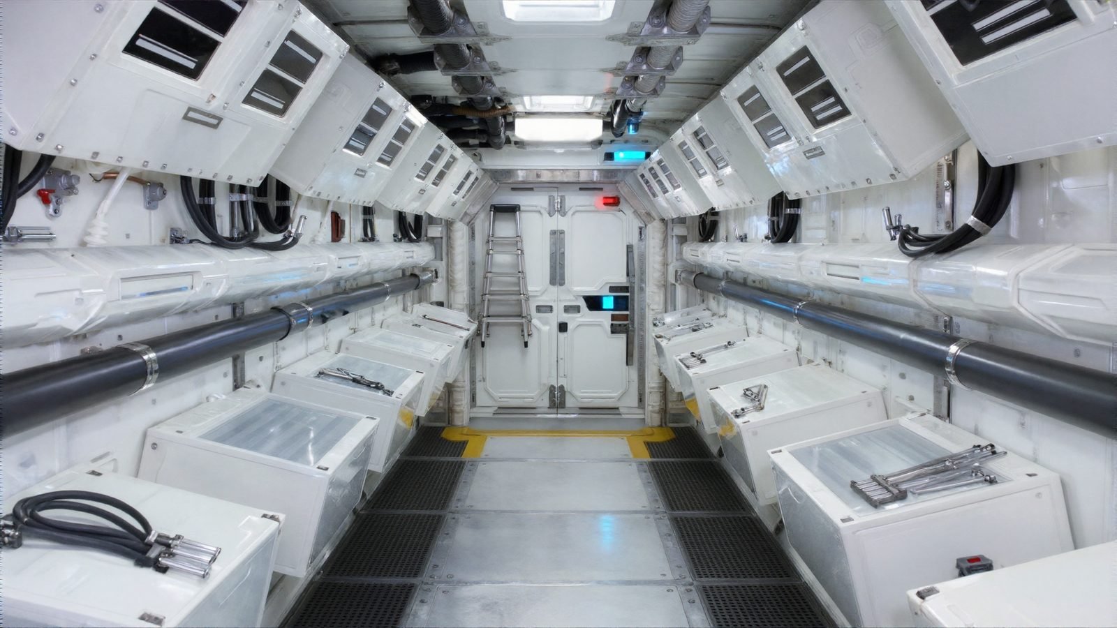 A white machine corridor rendered at control strength 0.90, with broad empty wall panels