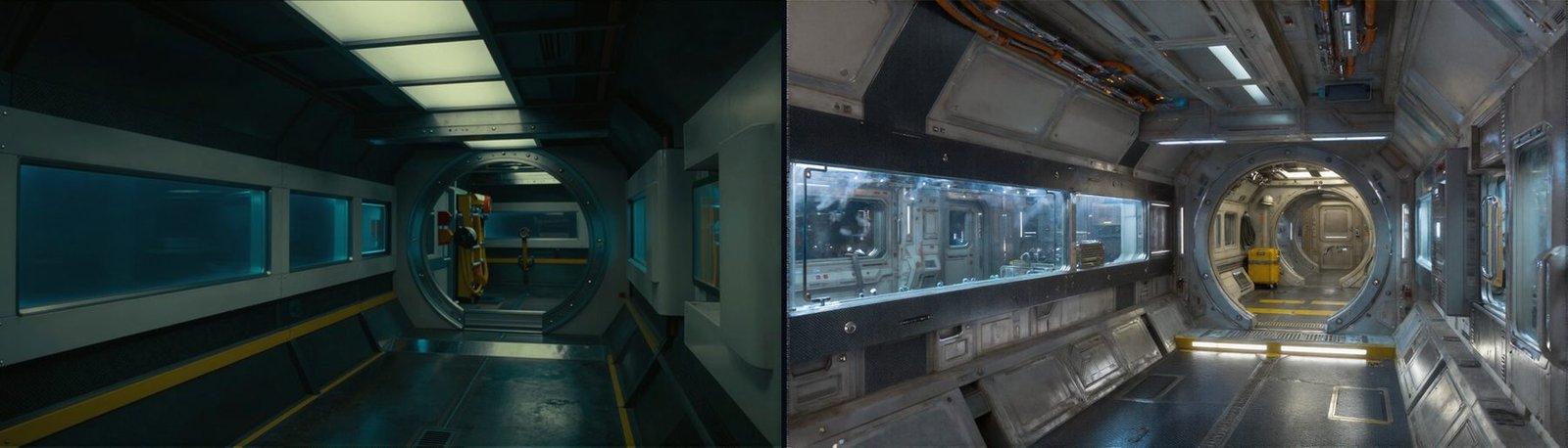 Two renders of the same tunnel side by side. The left is dark and thin with plain surfaces; the right is bright, detailed and heavily textured.