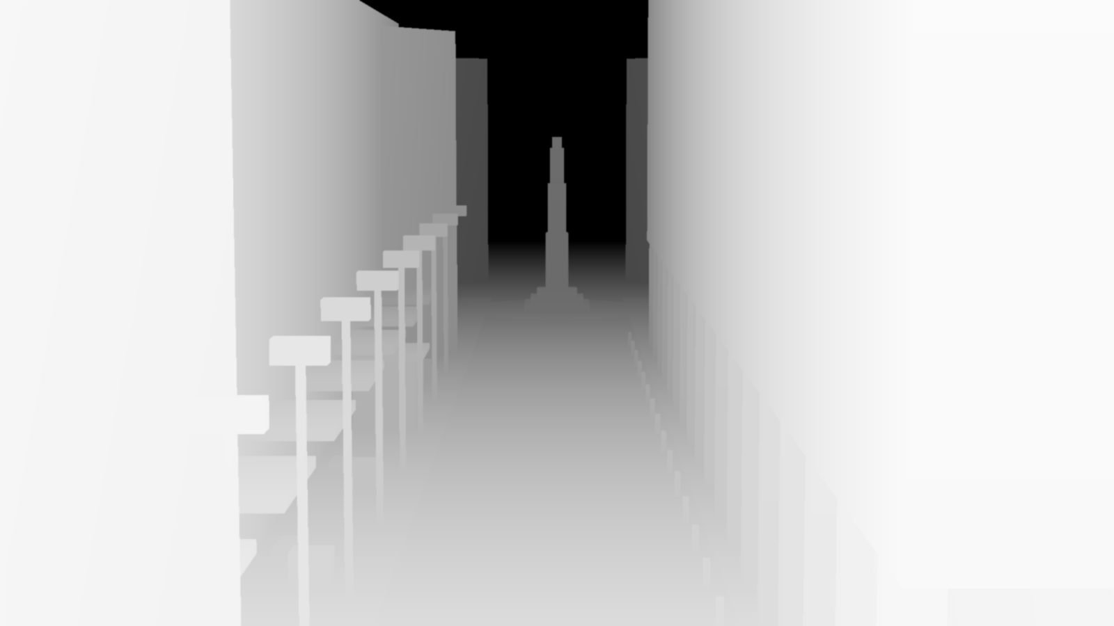 A grey depth drawing of a street: two blocks of flat building mass, a road running away, and small silhouettes standing in front of them