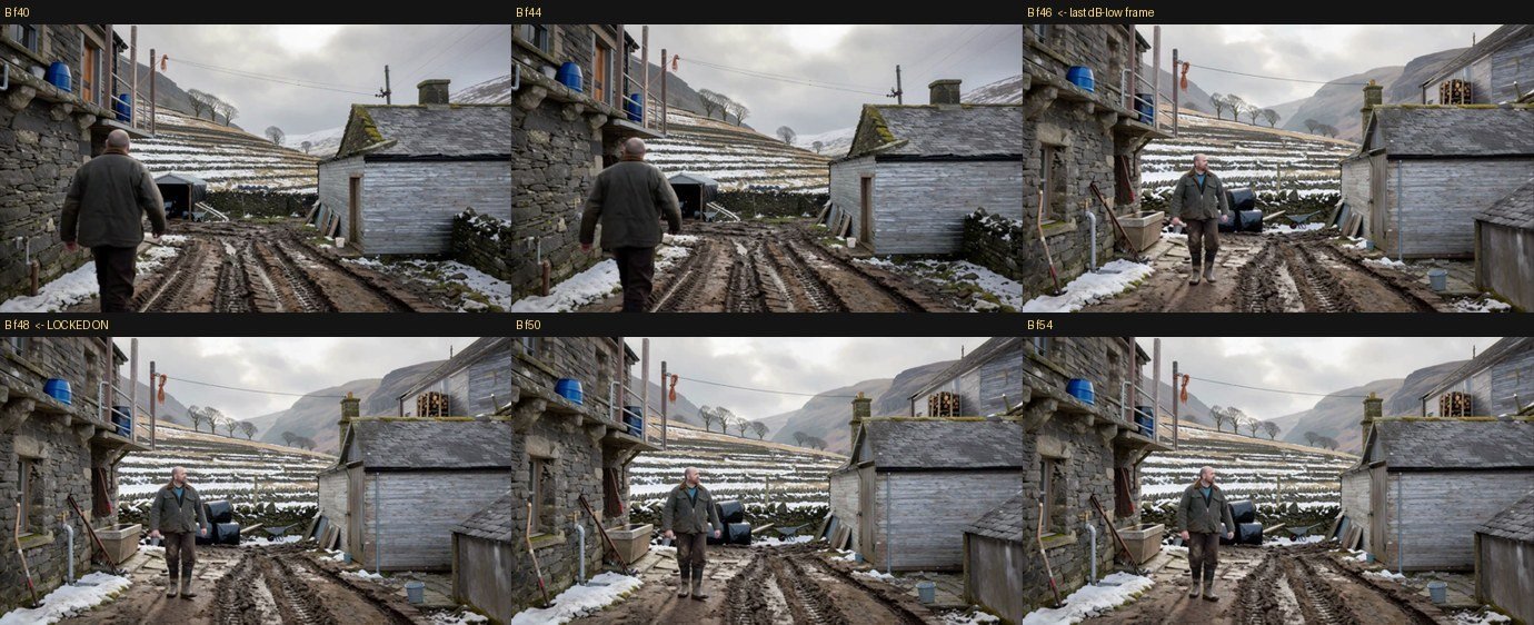 Six consecutive frames from a video clip of a farmyard. In the first three a man walks away from the camera and fills much of the frame; in the last three the composition is completely different, showing him small and further away in the middle of the yard.