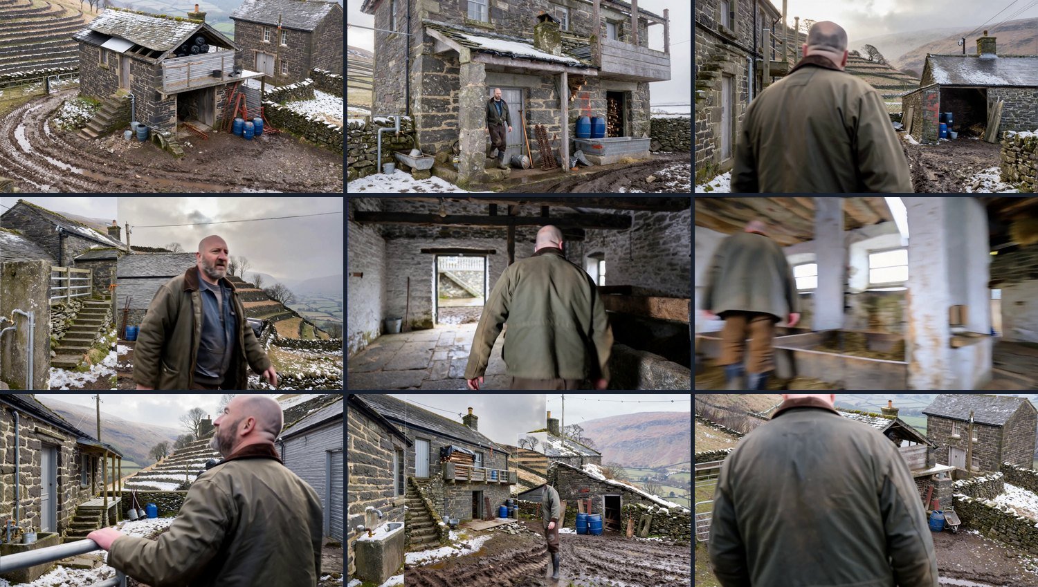 A three by three grid of film frames from a mountain farm: an aerial of the steading, exteriors of a stone house and a barn, two interiors of a byre, and a man in an olive jacket in several of them.