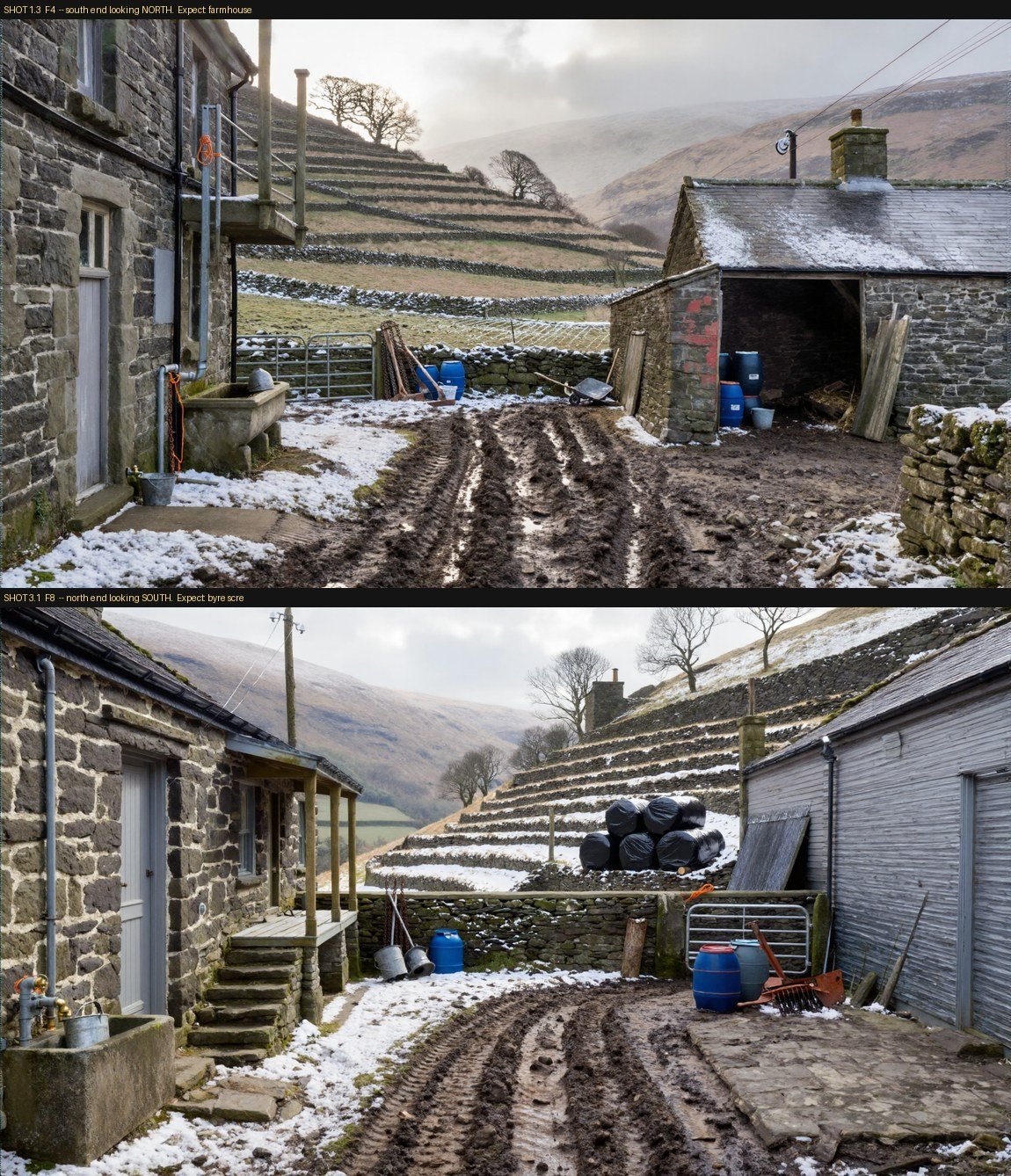 Two wide photographs of the same stone farmyard in late winter, taken from opposite ends. In both, a two-storey stone farmhouse with a water trough and an external stone stair stands on the left of the frame and a lower building stands on the right.