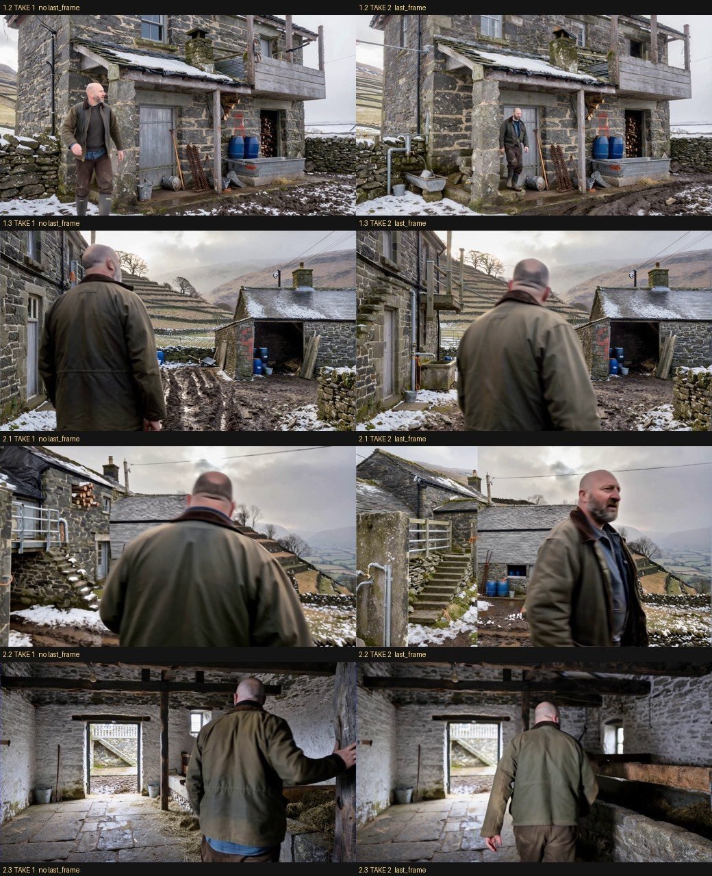 Four pairs of film frames. In each pair the left-hand image has a man very close to the camera filling much of the frame; the right-hand image shows the same moment with the man smaller and further away, with more of the farm visible.