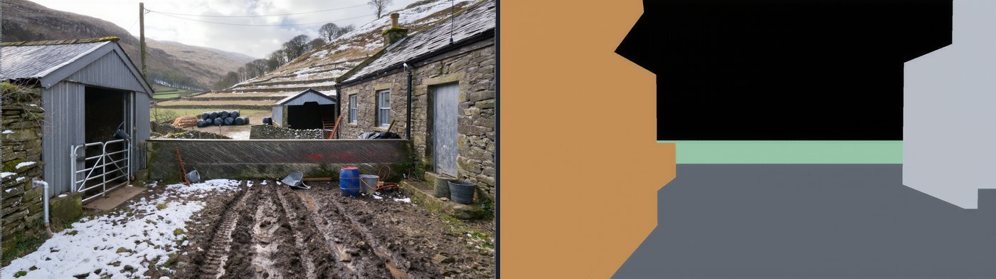 Two images side by side. On the left a photograph of a farmyard with a metal shed and a stone house. On the right a flat picture of orange, grey and pale blue shapes with a black band across the top.