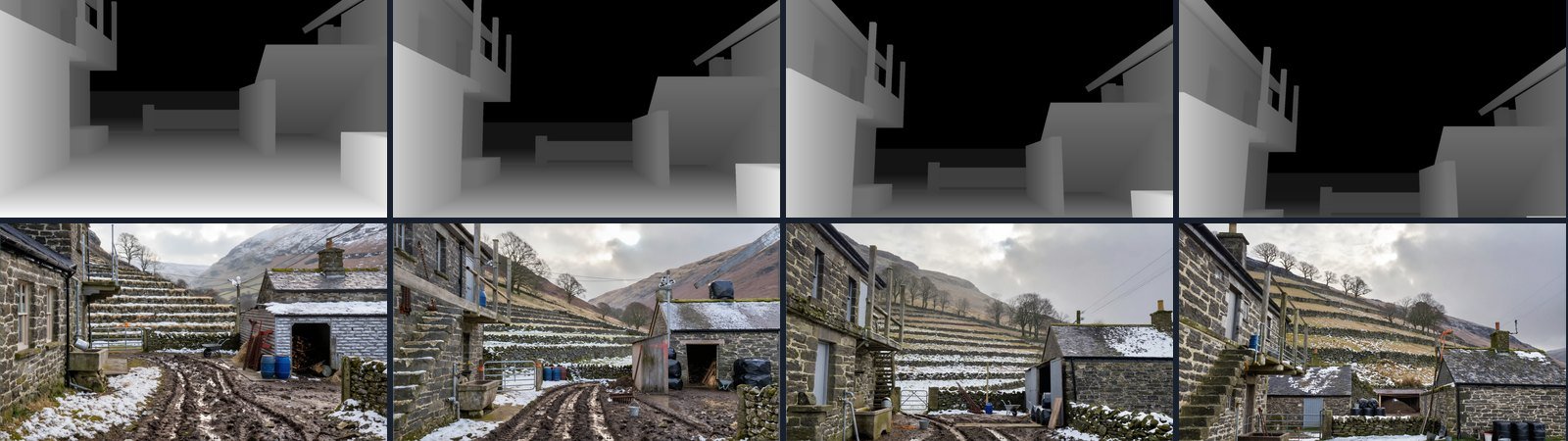 Eight panels in two rows. The top row shows four grey drawings with progressively more black sky. The bottom row shows four photographs of the same farmyard, all correct.