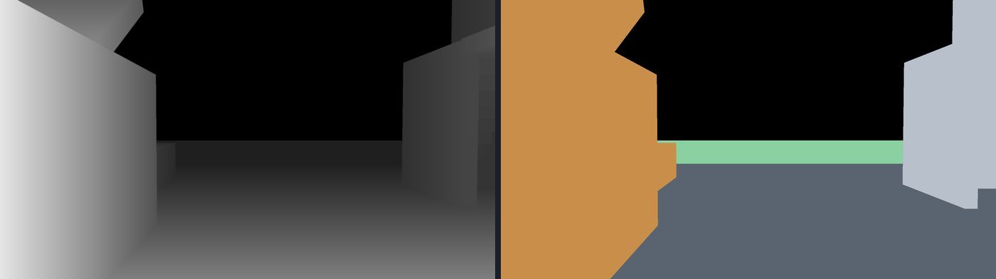 Two images side by side. On the left a grey drawing of a farmyard, brightest at the near left. On the right the same view as flat blocks of colour, orange left, pale grey right.