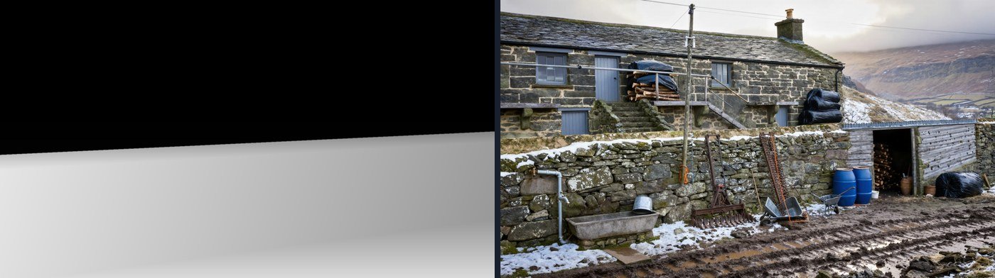 Two images side by side. On the left a grey drawing, black across the top and one smooth pale gradient below, with no shapes in it. On the right a photograph of a stone farmyard full of buildings, a trough, tools and barrels.