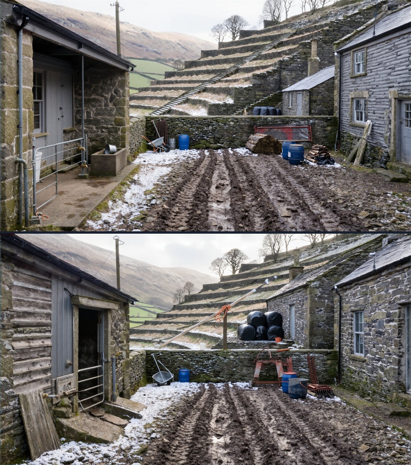 Two photographs of the same stone farmyard in late winter, one above the other, taken from the same position. In the upper one the building on the right has horizontal timber boarding. In the lower one the timber boarding is on the left-hand building and the right-hand building is all stone.