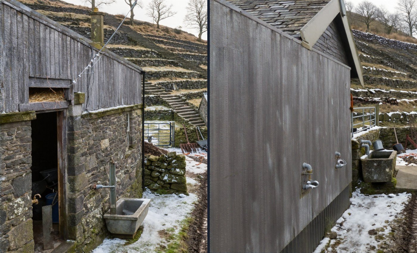 Two photographs of the same corner of a farmyard. On the left a stone barn with hay in its loft and a dark open doorway. On the right a blank shed clad in flat sheeting, with no doorway at all.