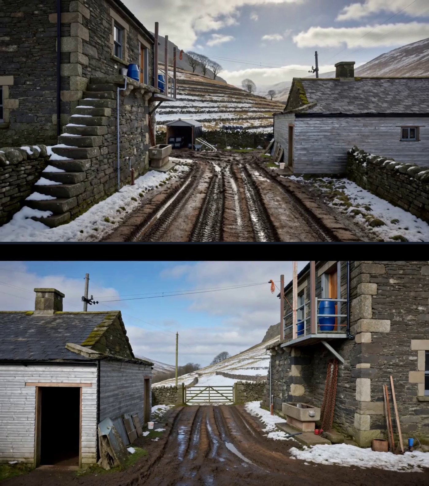 Two photographs of the same farmyard from opposite ends, one above the other. In the upper one a stone house with an outside stone stair is on the left. In the lower one a timber barn with a black open doorway is on the left and the stone house with its balcony is on the right.