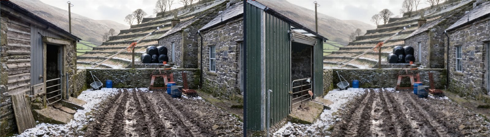 Two photographs of the same farmyard. On the left an old stone and timber barn; on the right the same yard with the barn replaced by a modern green steel shed. Everything else is identical.