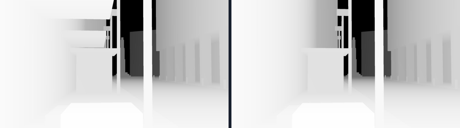 Two nearly identical grey depth drawings of a street. The left one has flat horizontal slabs jutting out at the upper left; the right one does not.