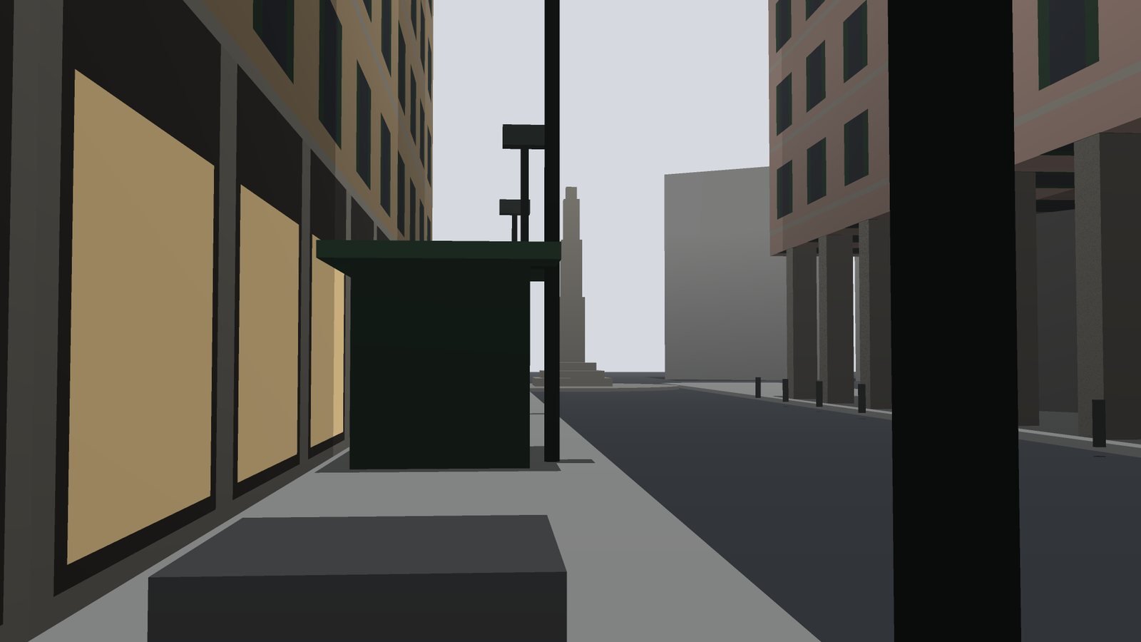 A flat-shaded computer render of a street: plain grey blocks for buildings, a black road, pale pavement, a green box for the kiosk, thin poles for lamp columns