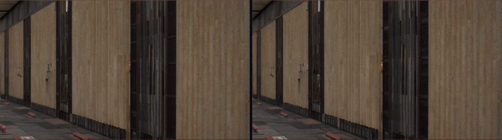 Two close-up photographs of the same shopfront, nearly identical: both show a wall covered in heavy vertical ribbing, a dark recessed doorway in the centre, and no distinction between what should be glass and what should be stone.