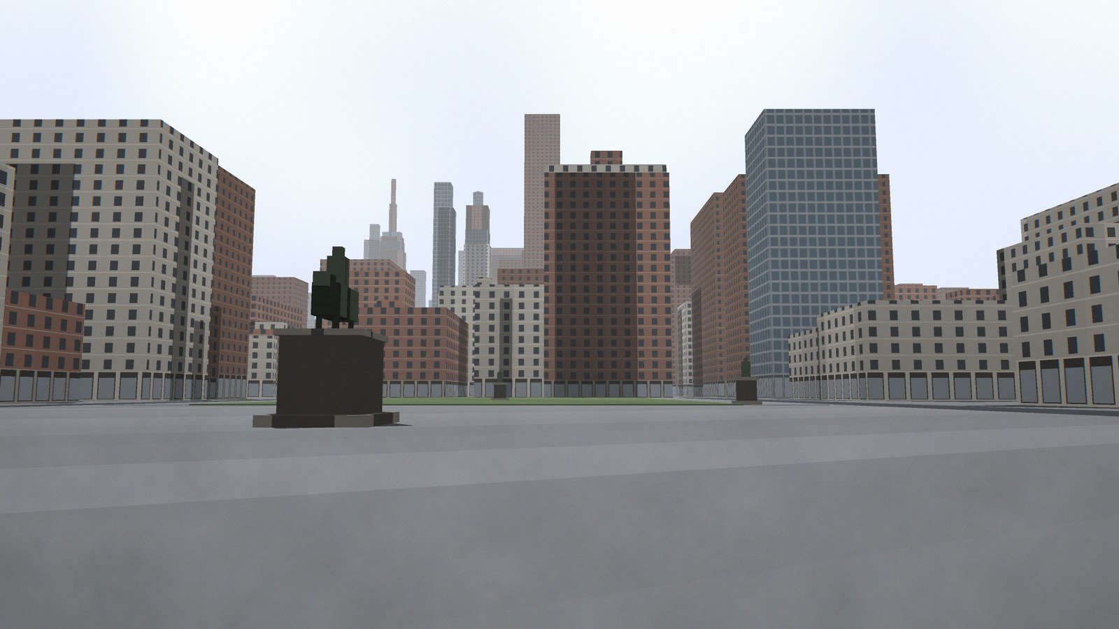 A crude shaded render of a city square: flat grey ground, two darker strips for the roadways, painted brick and stone facades with regular window grids on all sides, a small dark horse-and-rider silhouette on a plinth, and a pale grey sky