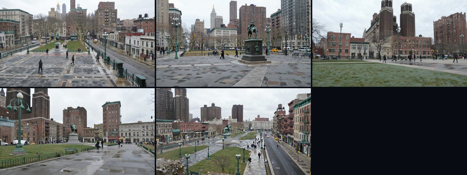 Five frames of one city square in a grid: a high wide view up the length of the square, a close view of the bronze equestrian statue, a view across the square to four stepped brick towers, a street-level view back down the square with the statue on the right and the towers on the left, and a high view from the far end with the whole square laid out below