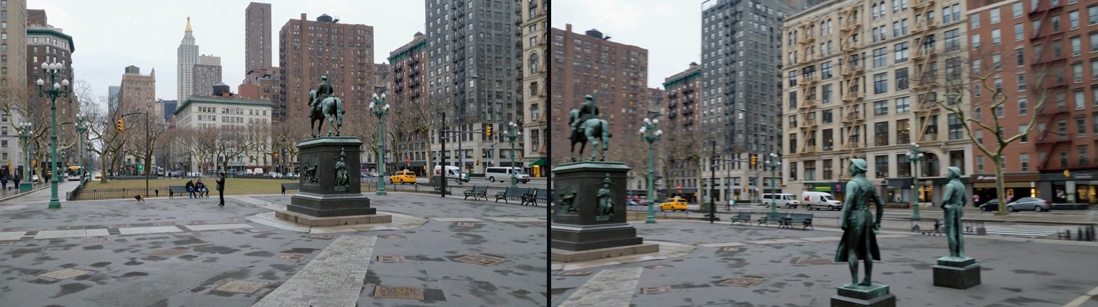 Two final frames of the same five-second shot side by side: on the left the equestrian statue is still right of centre where it started, on the right the same statue has travelled to the far left edge of the frame and a row of brick buildings has come in from the right
