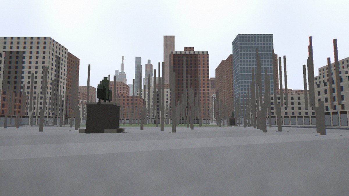 The cardboard model of the square filled with hundreds of thin vertical grey cylinders standing in rows across the paving, reading as a forest of poles rather than as trees