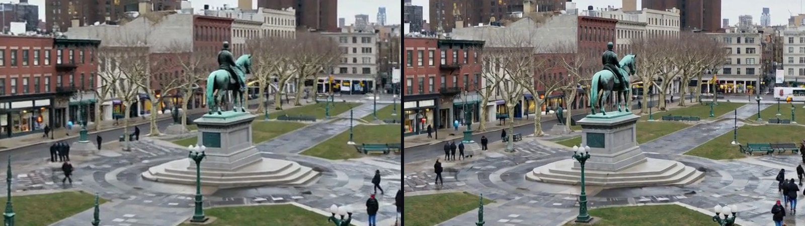 The same crop of the same frame twice: on the left, rendered at 1536 by 864 and enlarged, the tree branches and statue mouldings are soft; on the right, rendered at 2048 by 1152, the same details are crisp