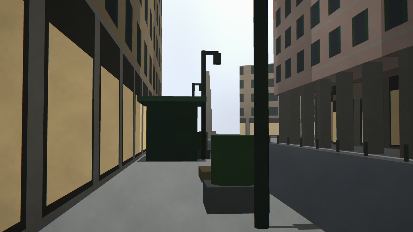 The rendered set handed to the model as a starting picture: the same street built from coloured boxes with a sky-dome light