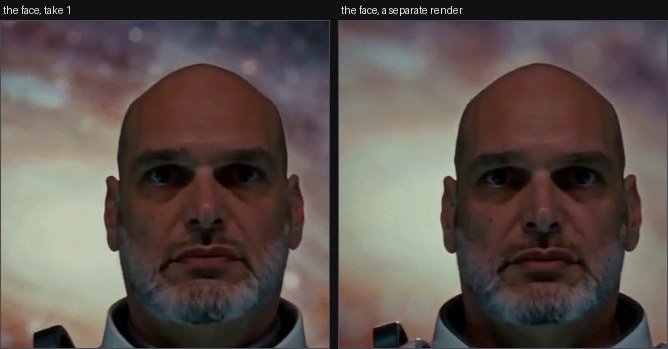 The same man rendered inside a starship set in powered armour