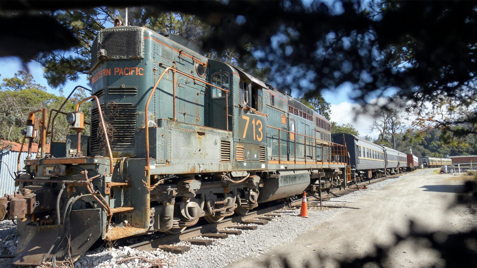 The same locomotive and railway yard reconstructed from the captured scene and finished into a photograph, with rivets, rust, ballast and the same orange traffic cone in the same position, framed by invented tree branches at the top where the capture had no sky.