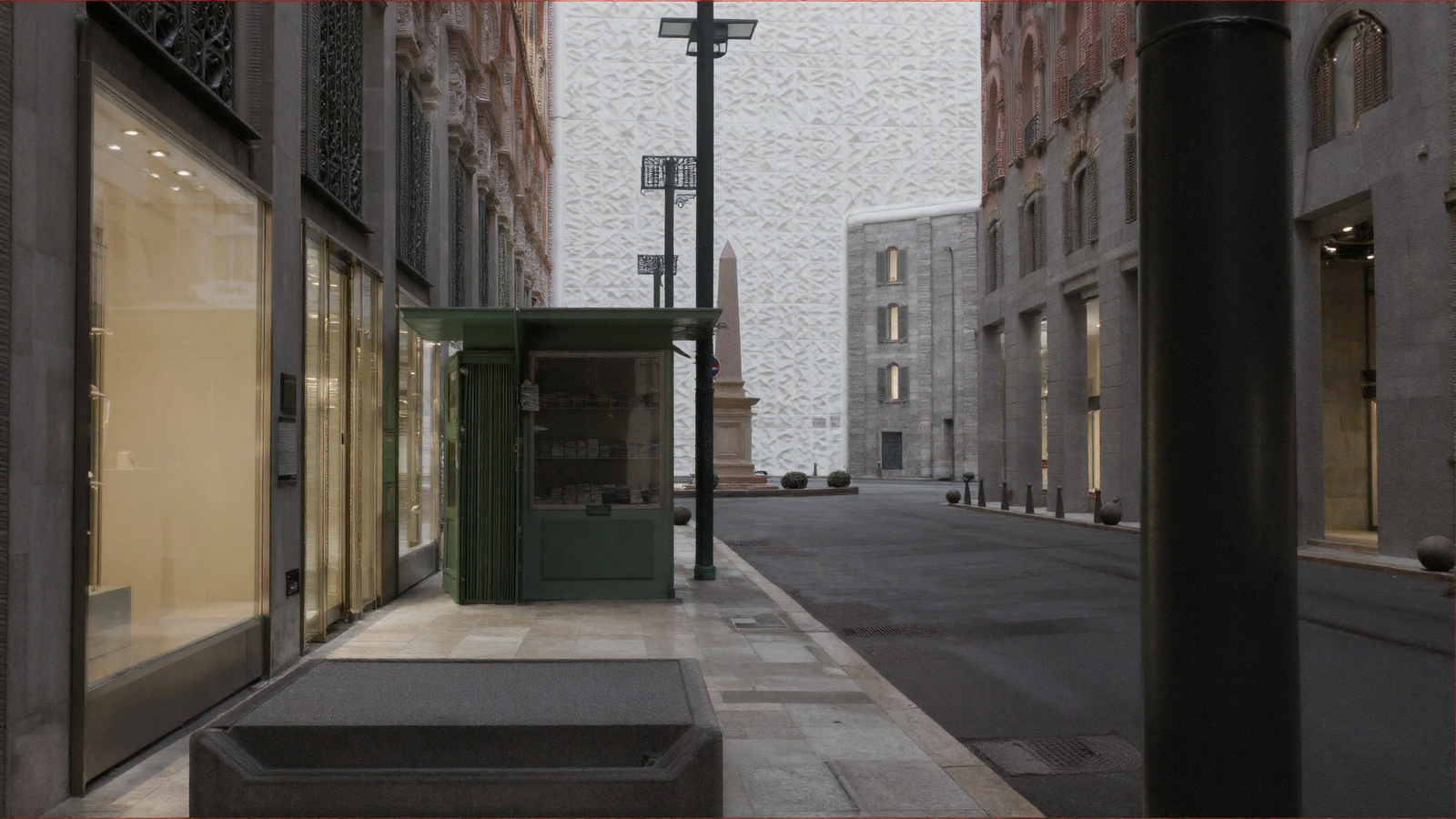 A photorealistic Italian shopping street with expensive shopfronts, a green newspaper kiosk and a stone obelisk. Closing the far end of the street, where a building should be, is a huge featureless slab of crumpled white marble with no windows, doors or roof.