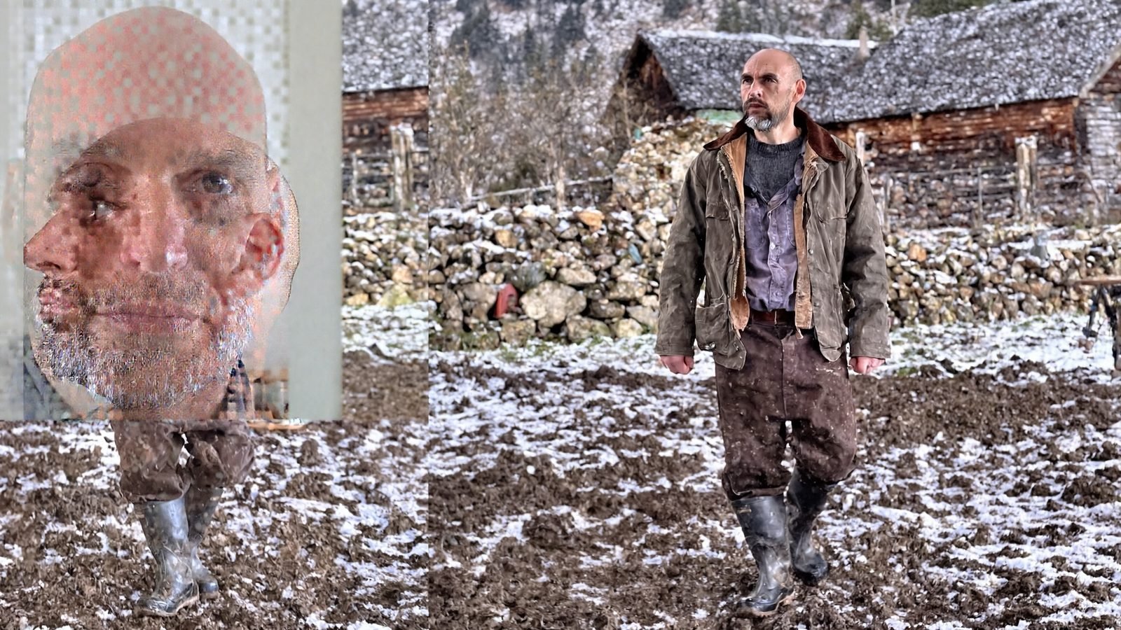A failed composite: a face photograph tiled bodily into a farm scene