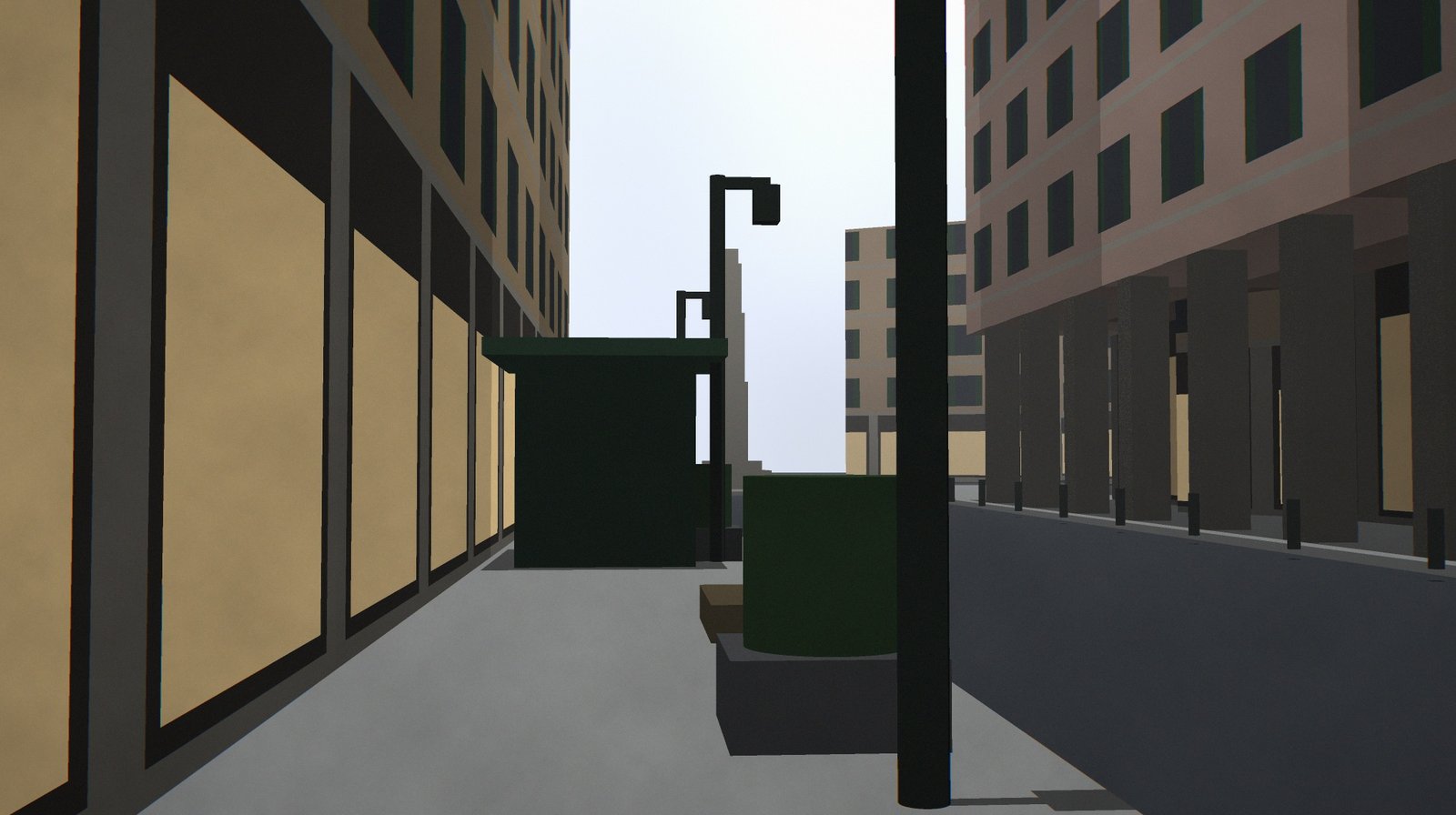 A crude coloured render of a narrow city street: flat green kiosk, plain lamp columns, windows painted on the walls as flat dark rectangles, pale grey pavement with no shadows anywhere