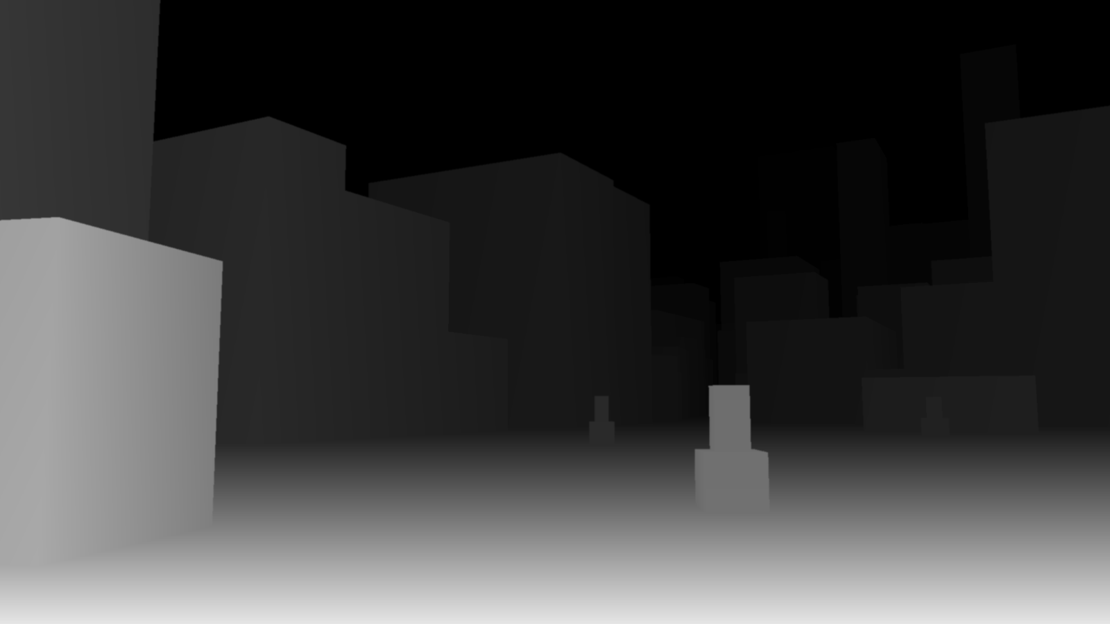 The same view as a depth map with an inverse ramp: the near plaza and a close building are bright with visible gradation, a statue reads clearly, and layer upon layer of more distant buildings separate cleanly in the darker greys against black sky.