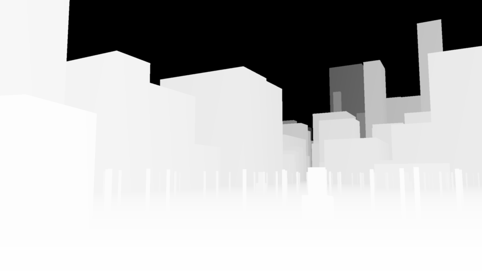 A depth map that is almost entirely white in its lower two thirds, with only the tops of distant buildings faintly distinguishable against black sky. All near detail has been lost.