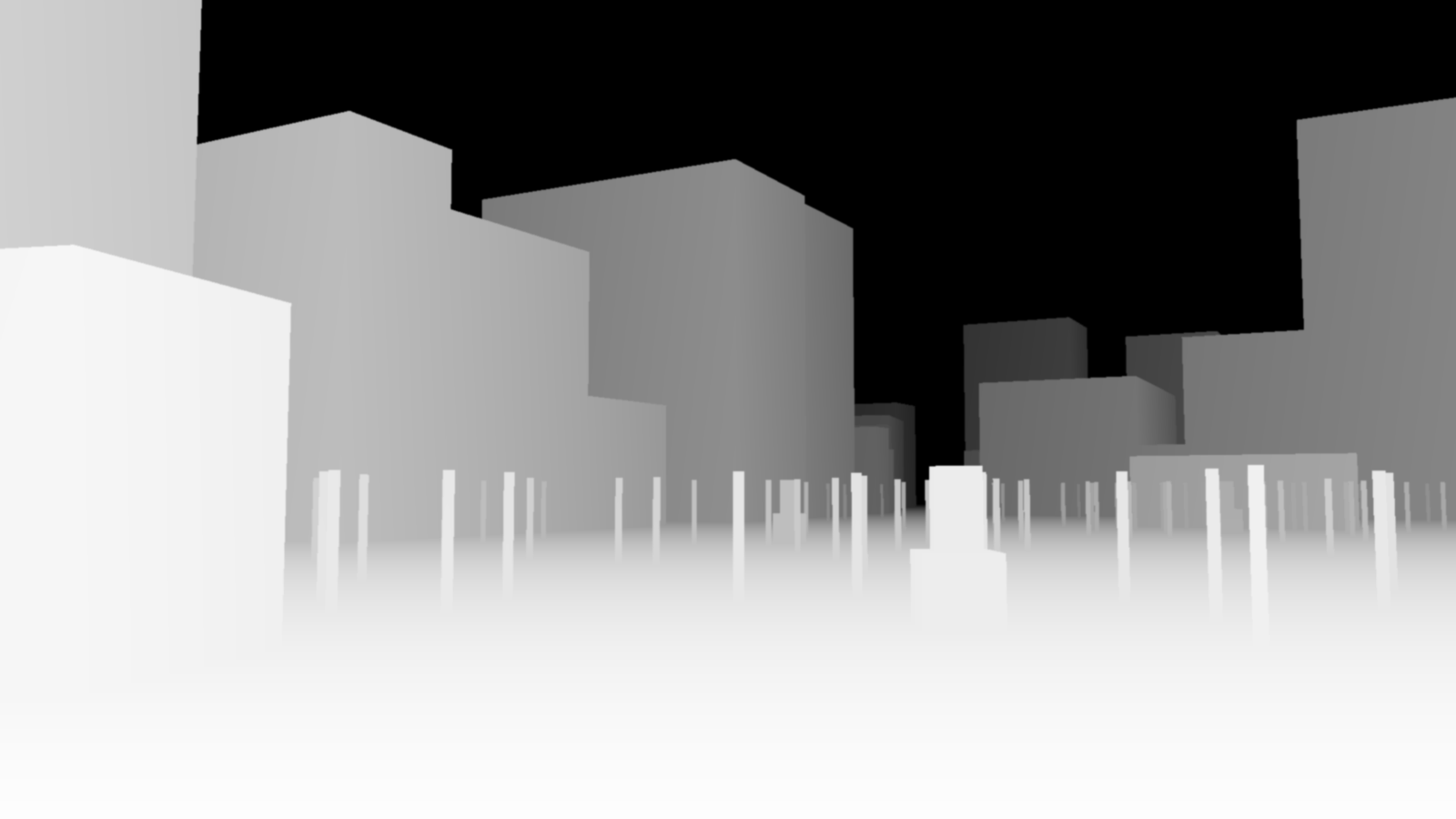 A greyscale depth map of a city square: an open plaza in the foreground, a row of thin vertical posts across the middle distance, and a wall of rectangular building masses behind them, with black sky above.