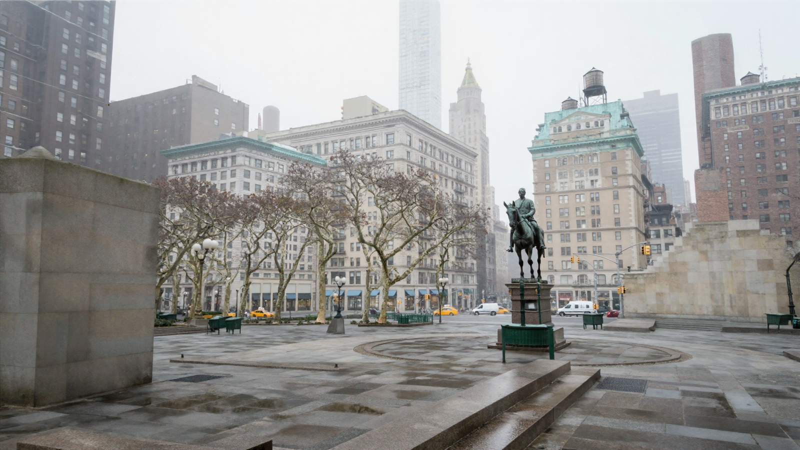 A photorealistic overcast view across a wet granite plaza in Union Square: a bronze equestrian statue on a granite plinth at right, bare plane trees across the middle distance, pre-war limestone and brick buildings with dense window grids and green copper mansards behind, wooden water tanks on the roofs, and beyond them a hazy Manhattan skyline including a gold-crowned campanile and a slender modern tower.